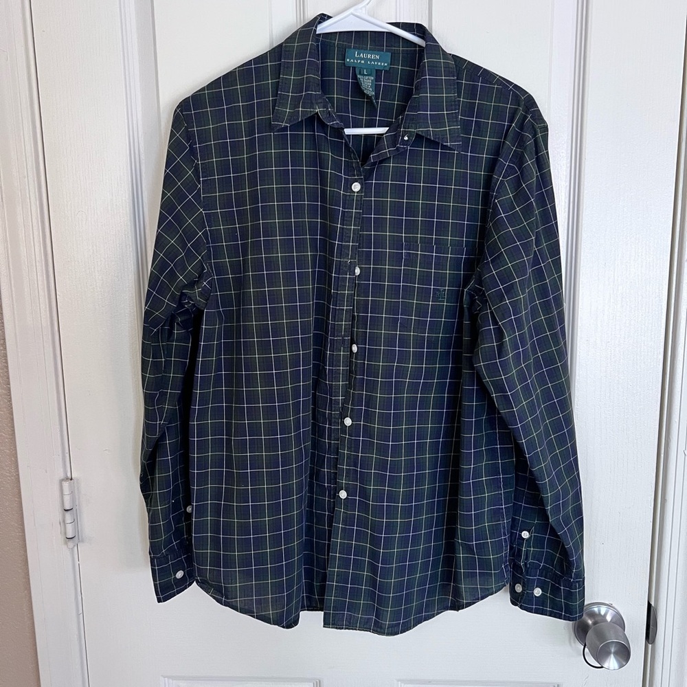 Ralph Lauren Navy and Green Checkered Button-Down Shirt